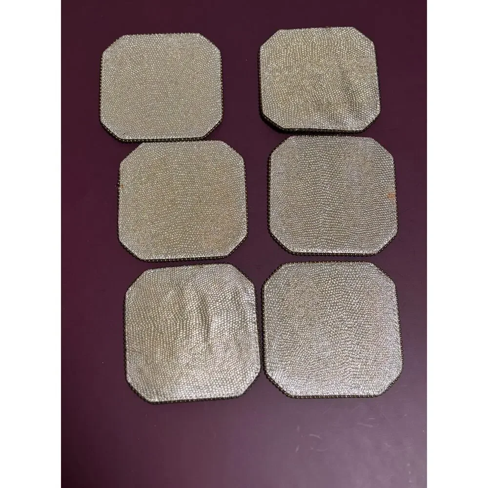 Lot Set of 6 Black Gold Silver Embroidered Coasters